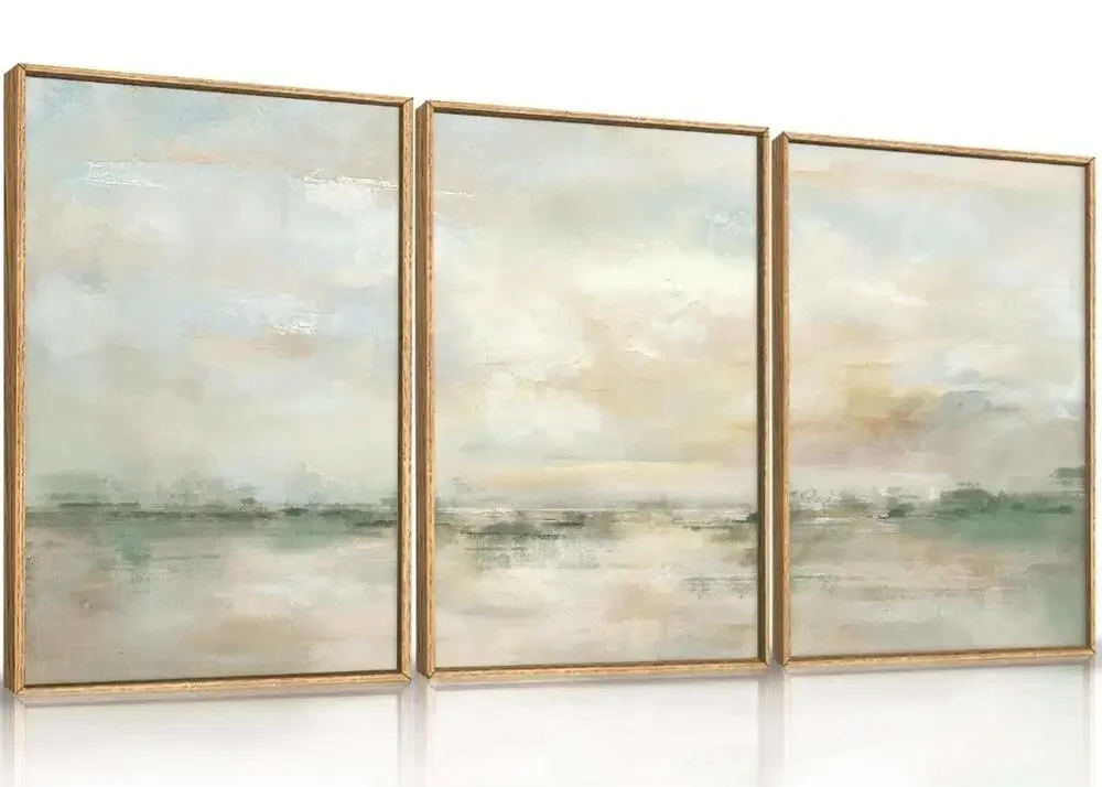 LHIUEM 3Piece Abstract Landscape Framed Wall Art Green Beige 24x36 Canvas New OB